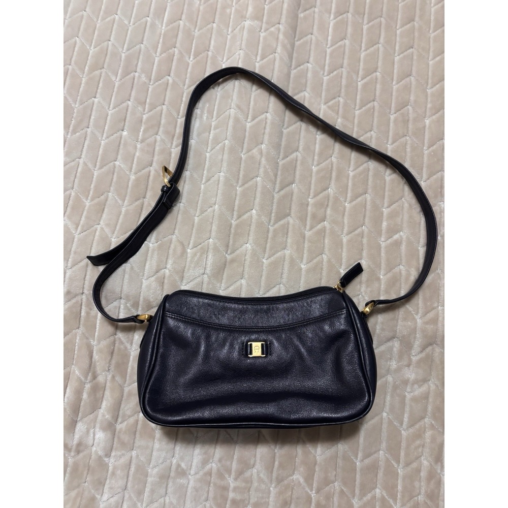 VTG Etienne Aigner Navy Blue Soft Leather Crossbody Bag Gold Logo Minimalist 10"